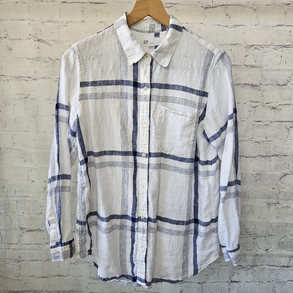 Gap Boyfriend Fit White Blue Plaid Linen Long Sleeve Button Up Shirt Medium - Picture 10 of 13